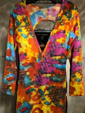 Vibrant Abstract Multicolor Long Sleeve Bodycon Deep V Neck Keyhole Dress Large